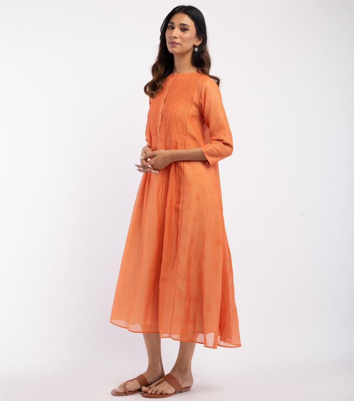 Orange Embroidered Chanderi Dress