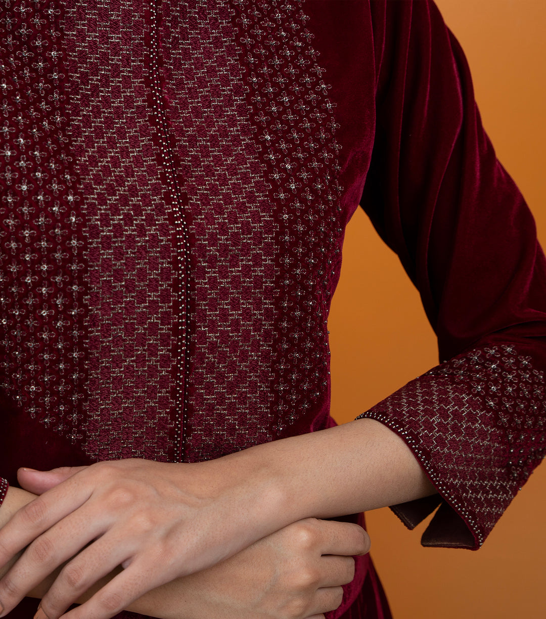 Maroon Hand Embroidered Velvet Blouse