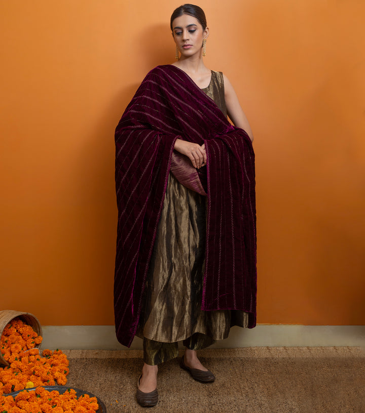 Burgundy Hand Embroidered Velvet Dupatta