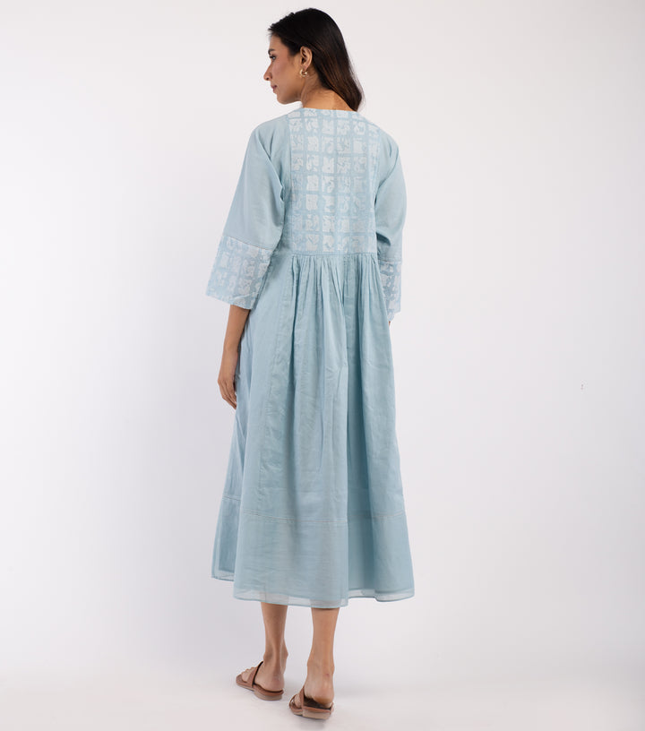 Blue Embroidered Cotton Dress