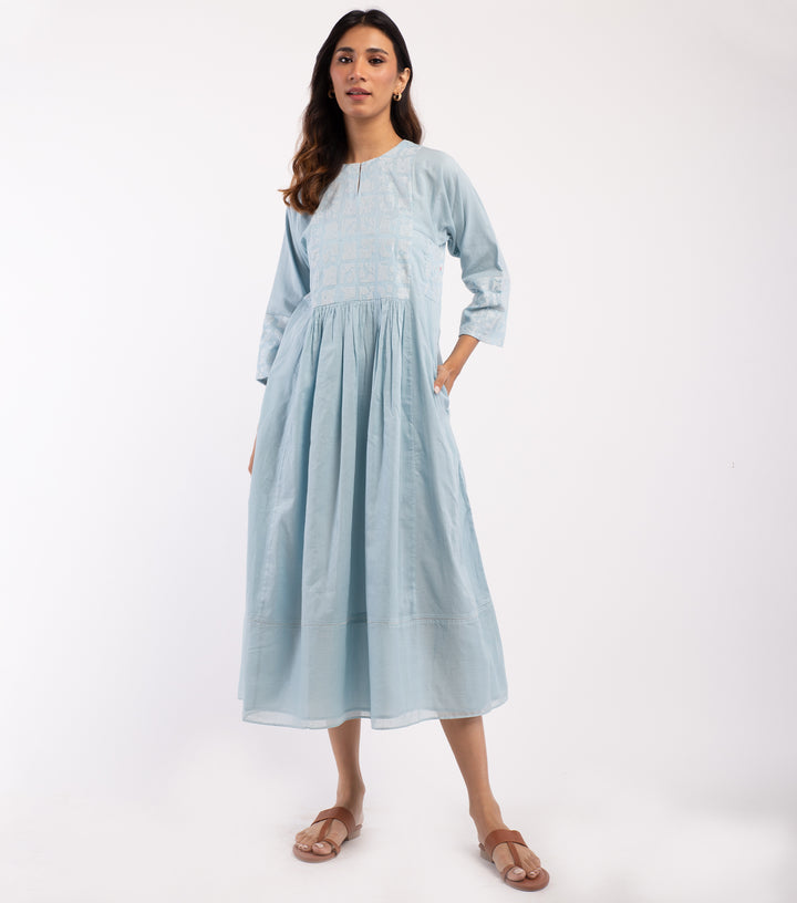 Blue Embroidered Cotton Dress