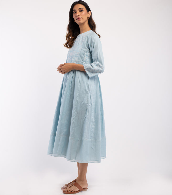 Blue Embroidered Cotton Dress