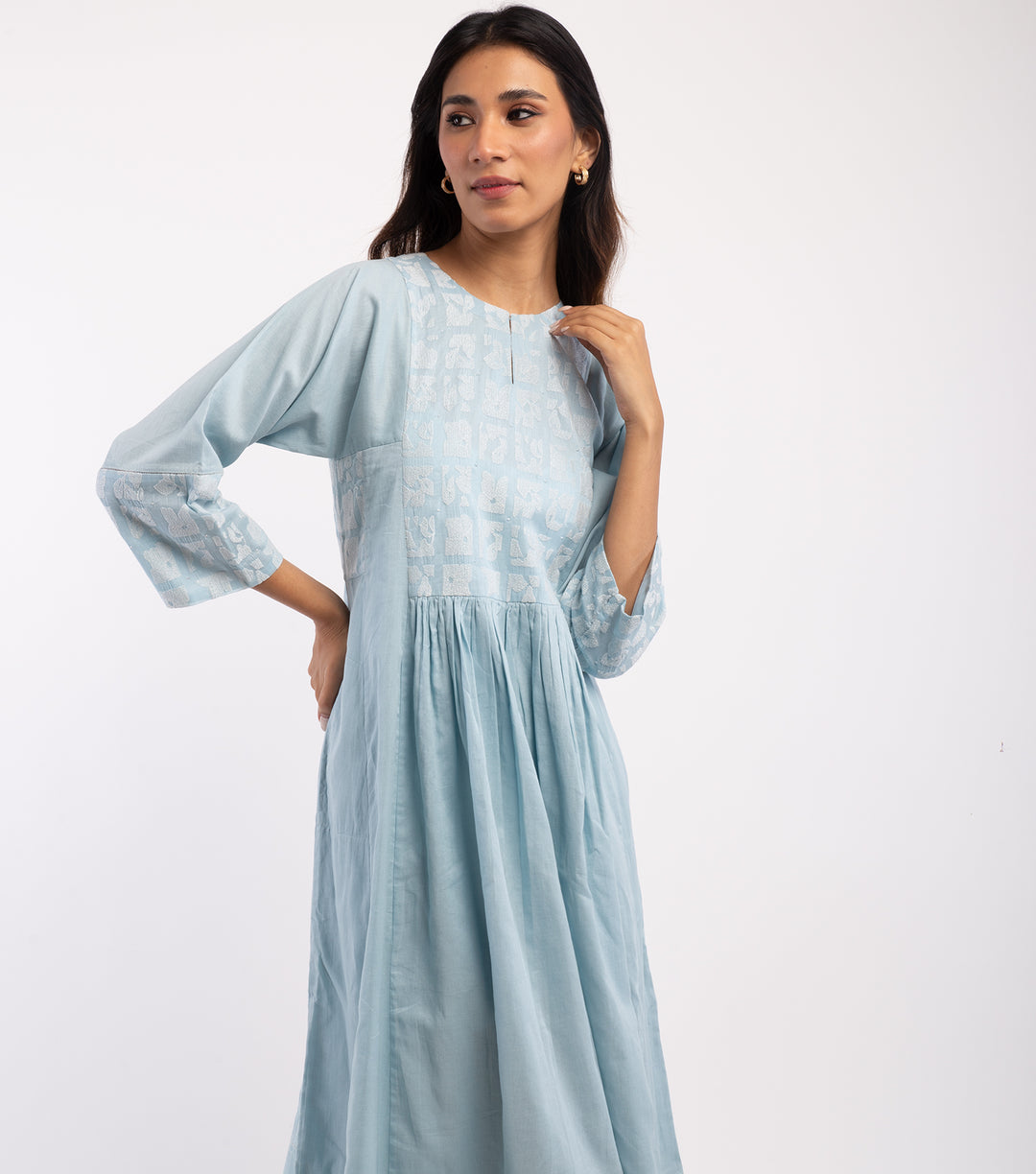 Blue Embroidered Cotton Dress