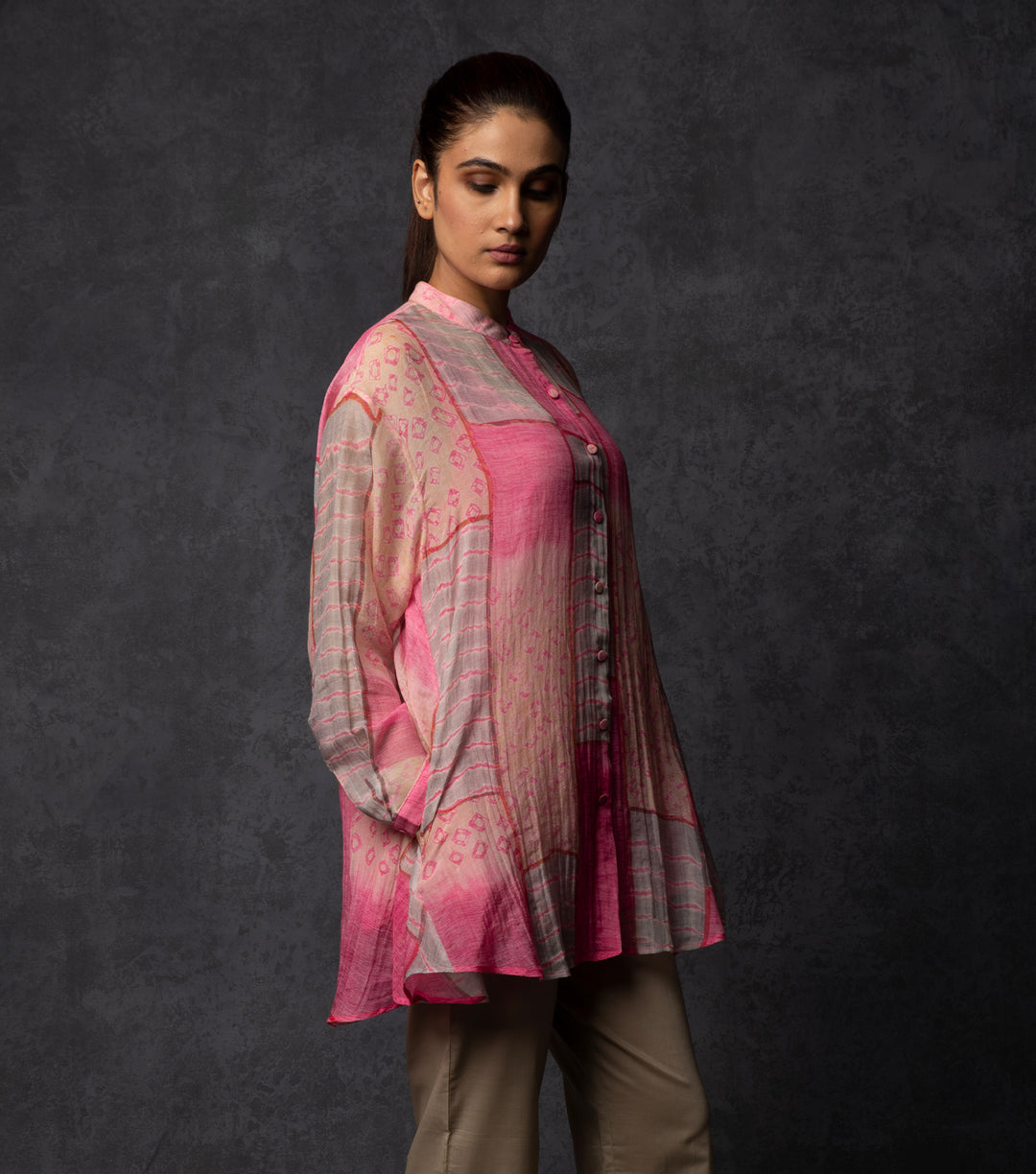 Pink multicolor printed chanderi shirt