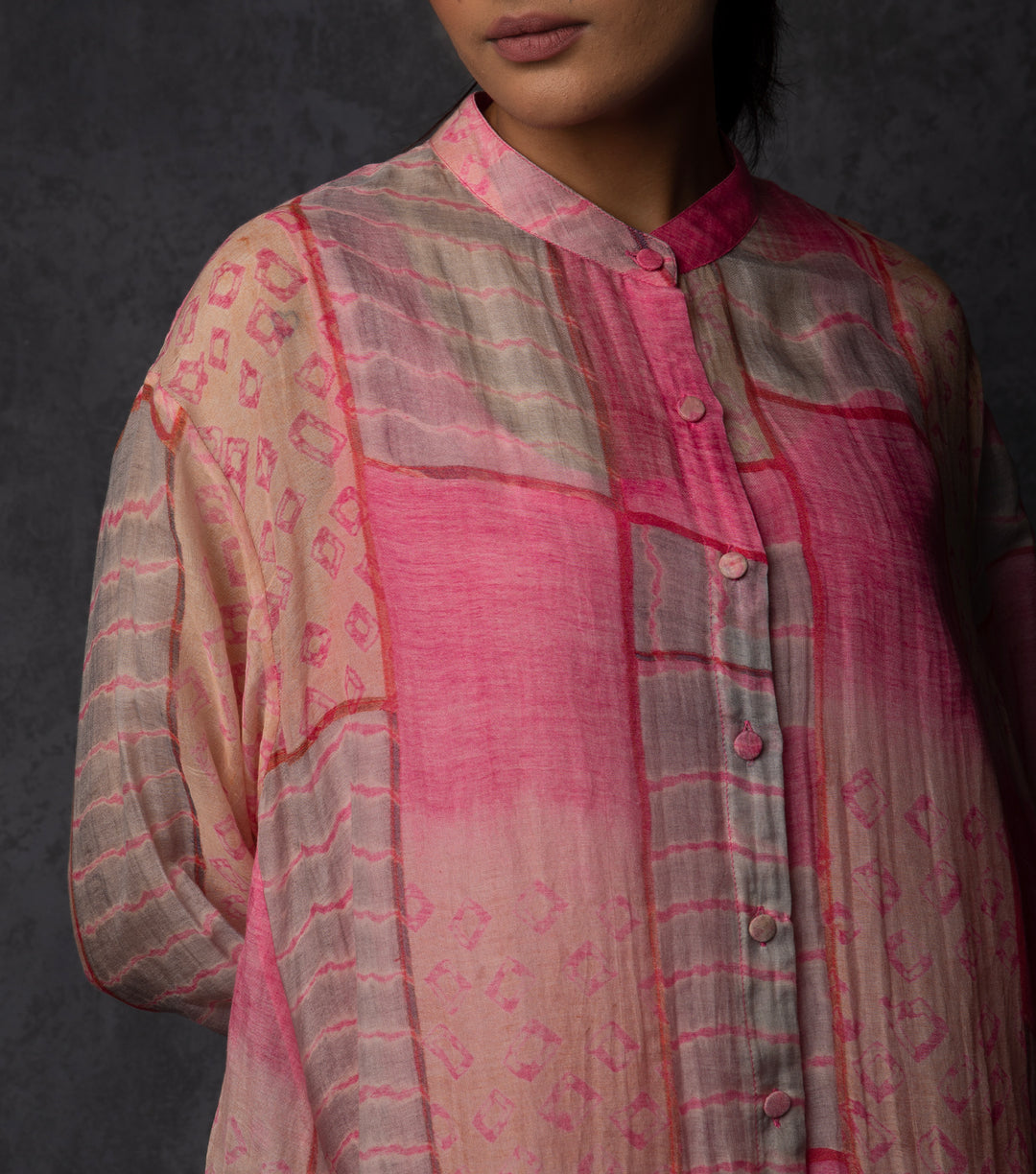 Pink multicolor printed chanderi shirt