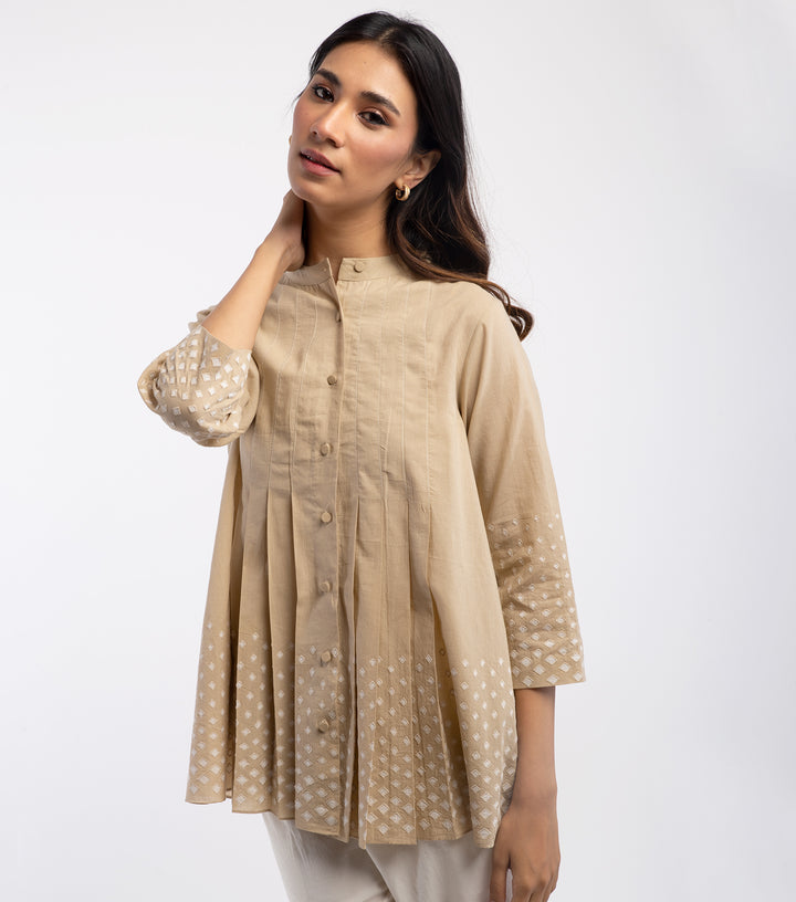 Beige Cotton Embroidered Shirt