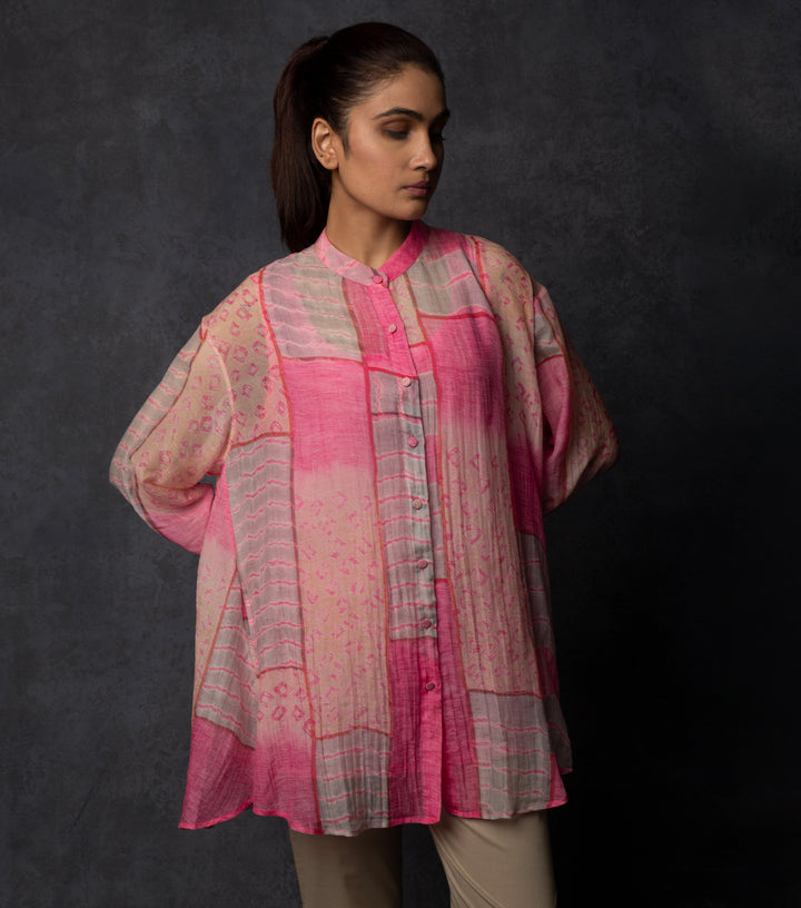 Pink multicolor printed chanderi shirt