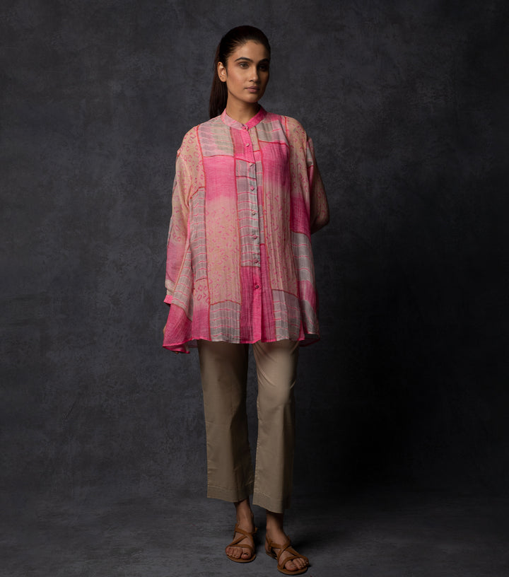 Pink multicolor printed chanderi shirt