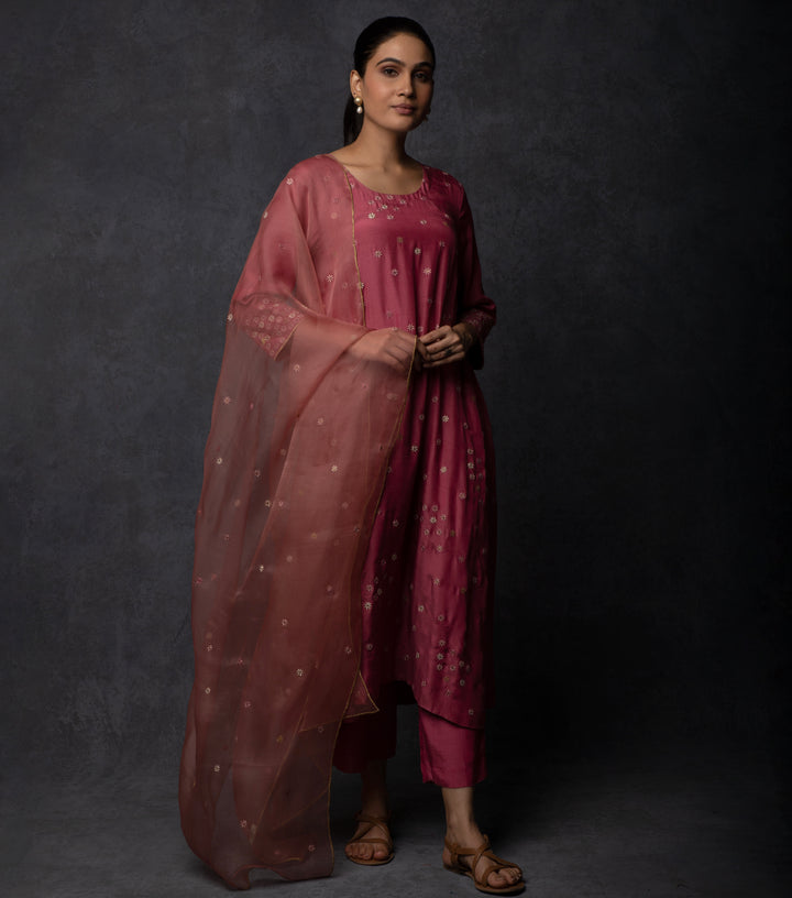 Magenta Hand Embroidered Muslin Suit Set