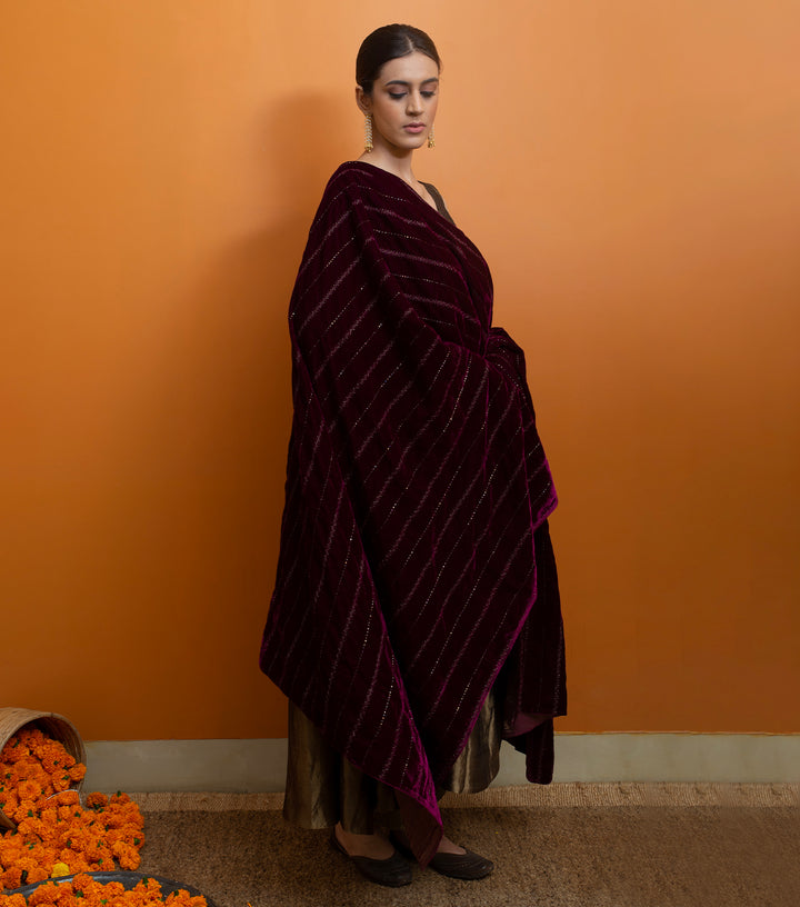 Burgundy Hand Embroidered Velvet Dupatta