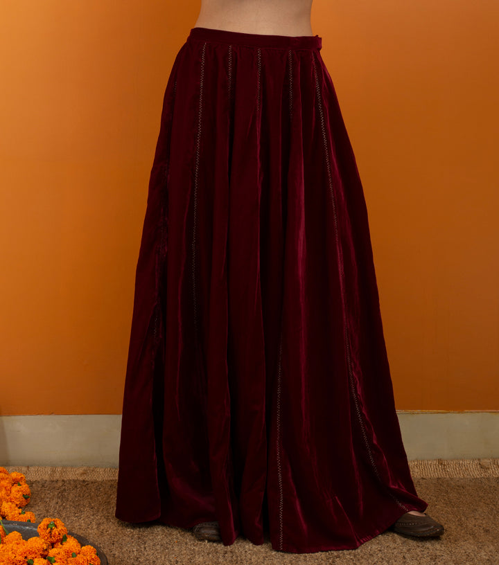 Maroon Zari Embroidered Velvet Skirt