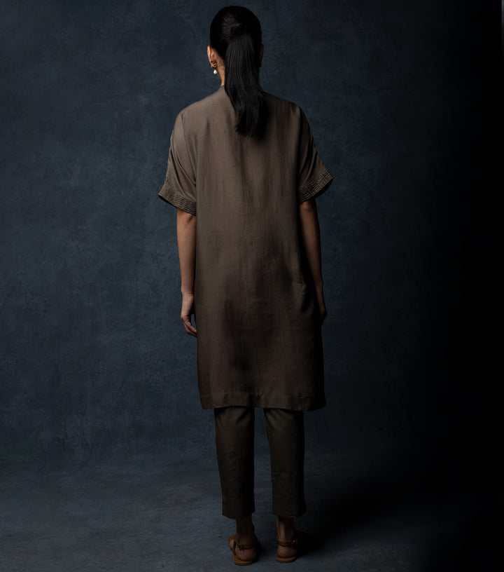 Dark Chocolate Brown Pintuck Cotton Silk Kurta