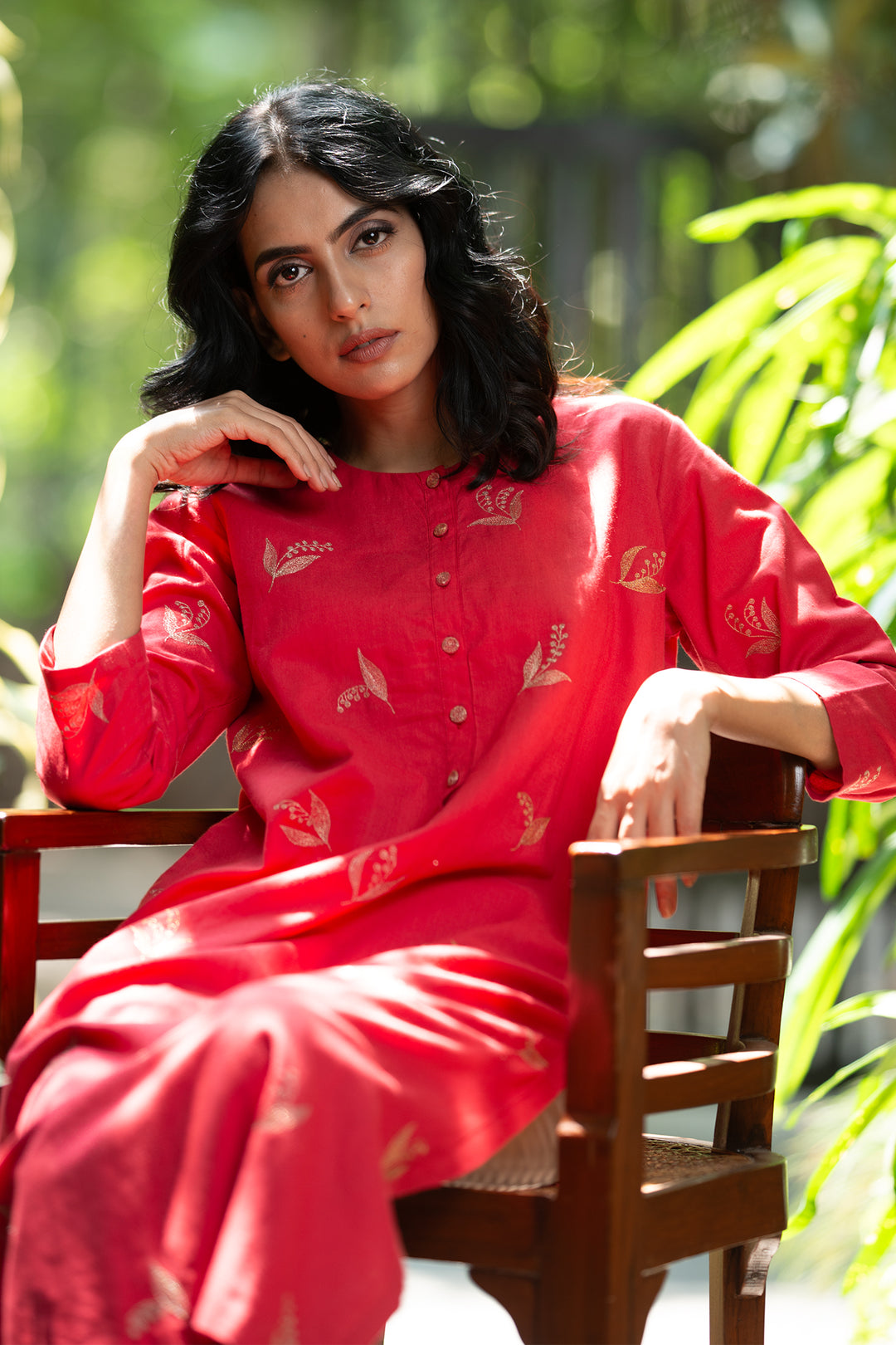 Red zari embroidered cambric kurta