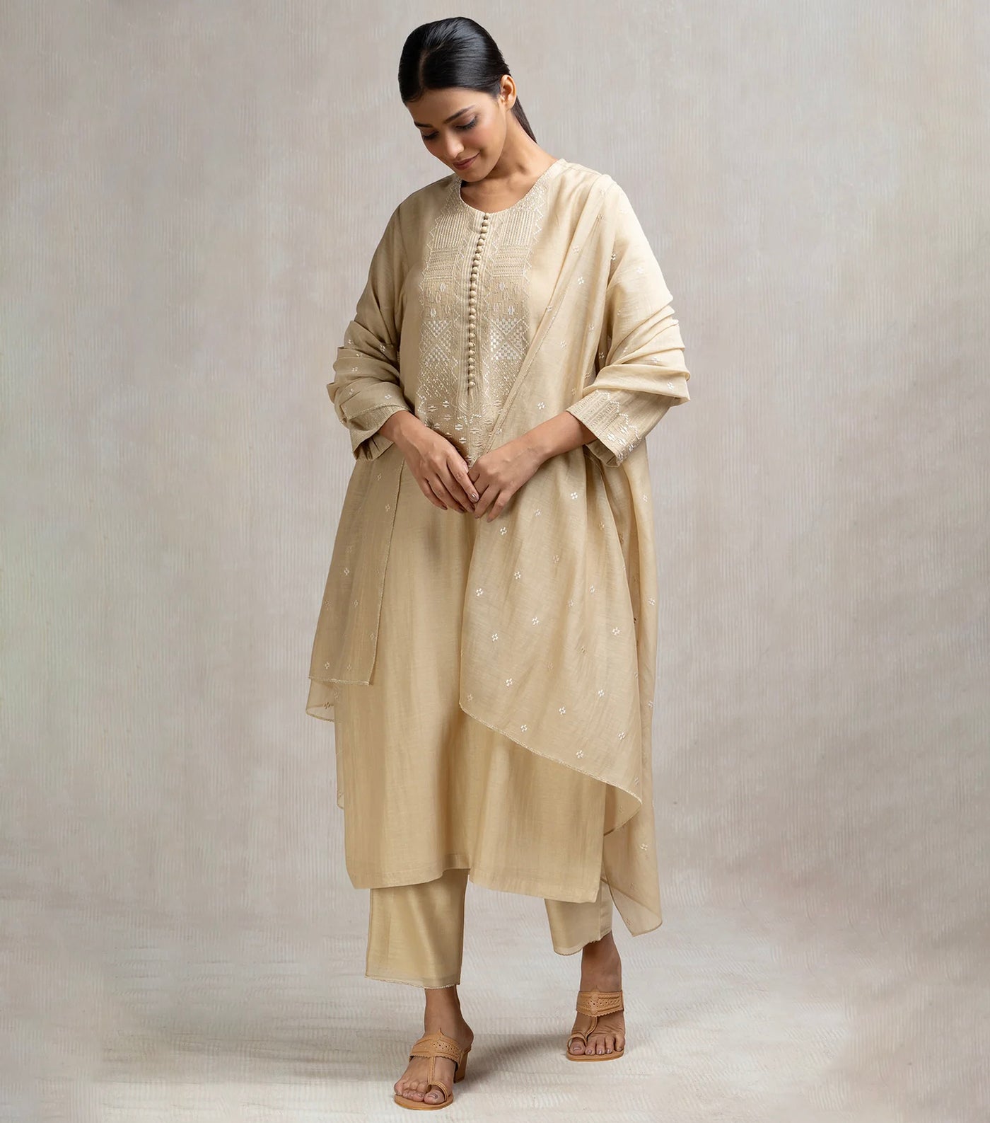 Thread & Zari Embroidered Kurta Set with Pants & Dupatta