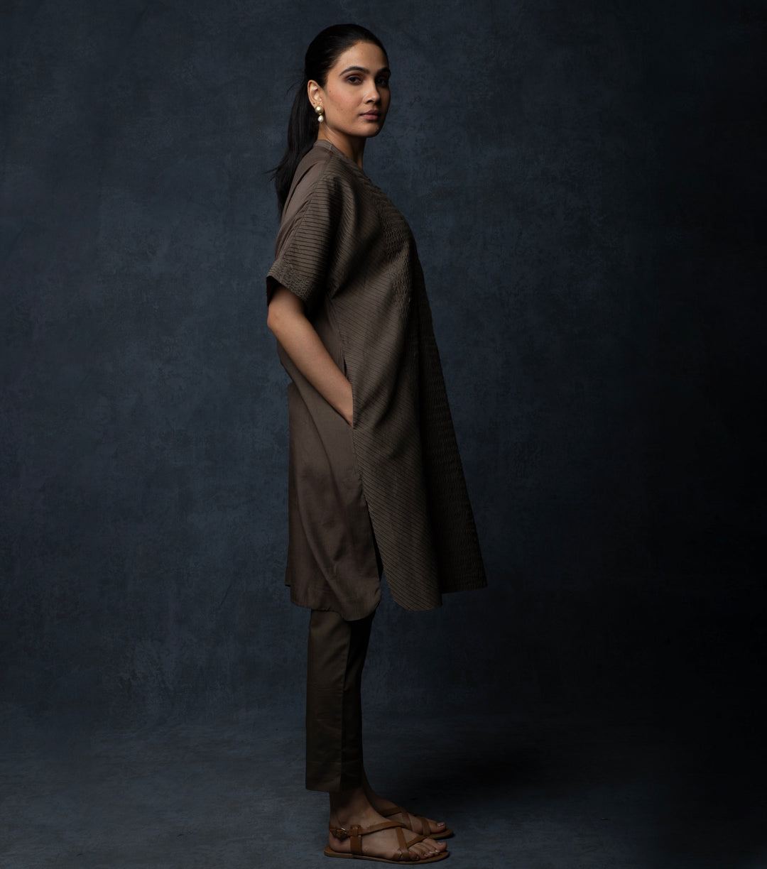 Dark Chocolate Brown Pintuck Cotton Silk Kurta