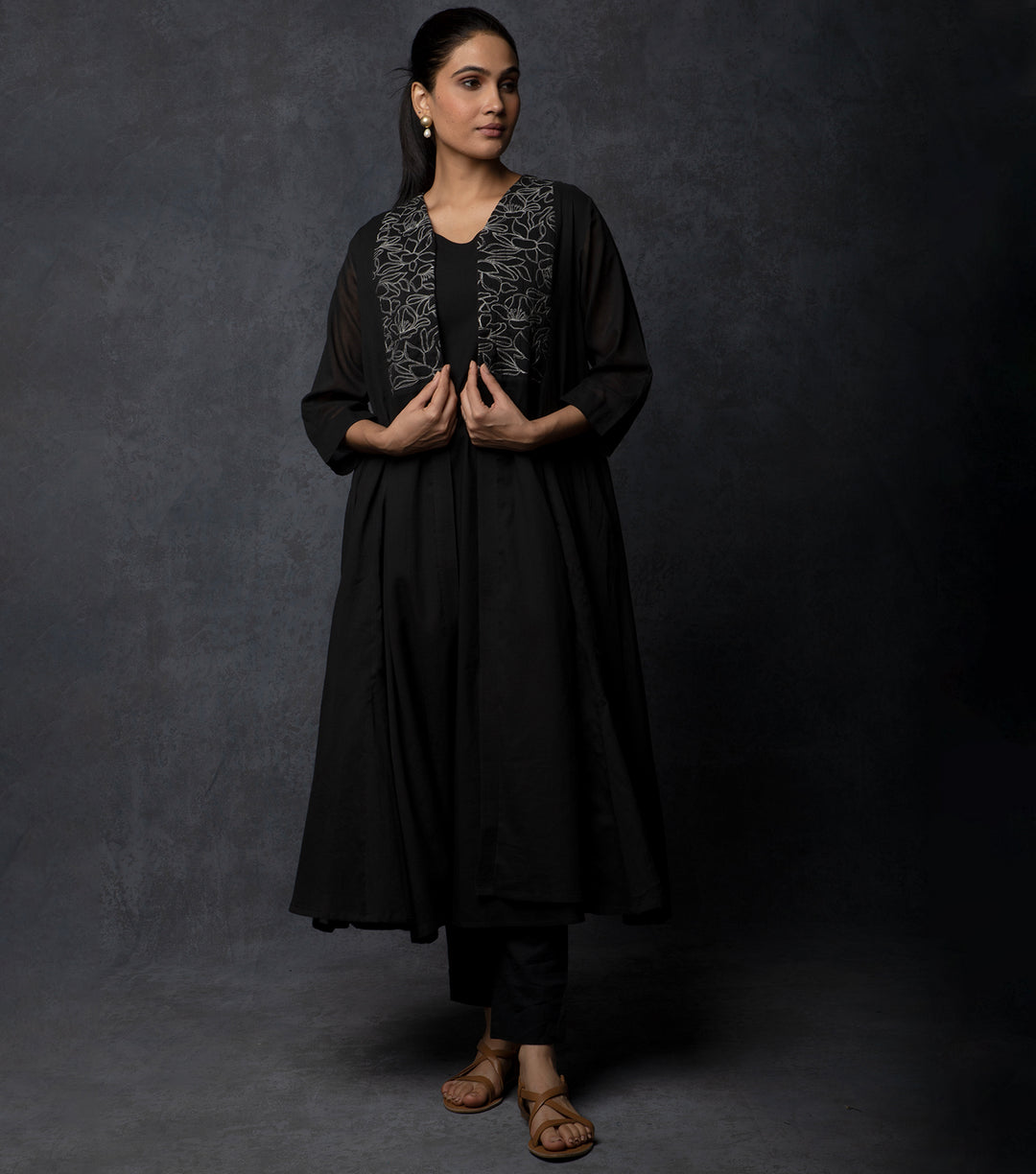 Black Embroidered Cotton Cape