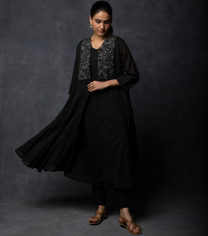 Black Embroidered Cotton Cape