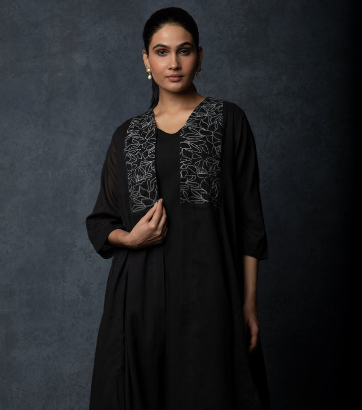 Black Embroidered Cotton Cape