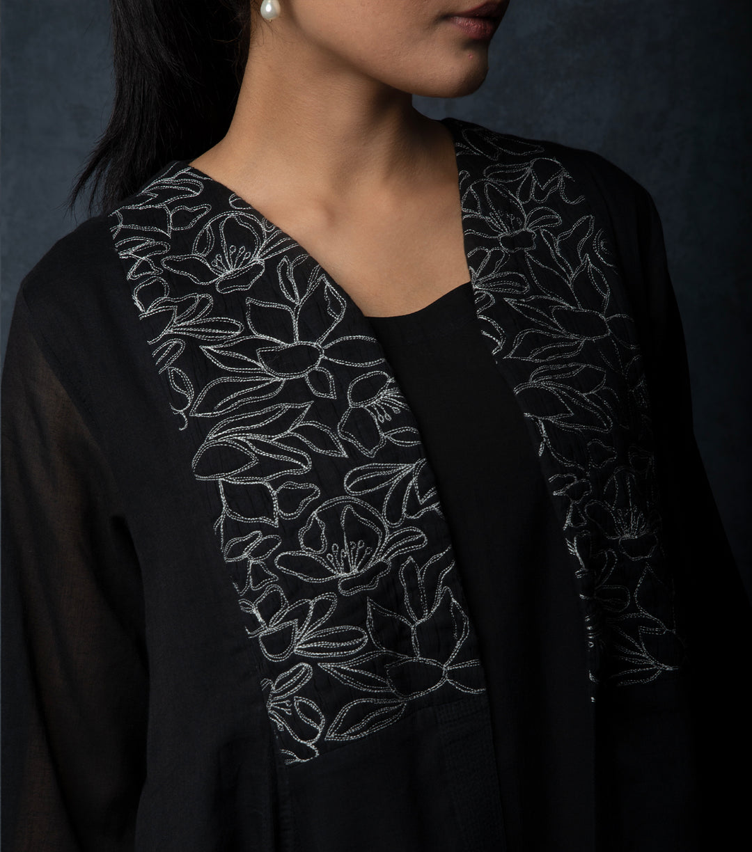 Black Embroidered Cotton Cape