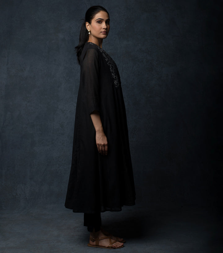 Black Embroidered Cotton Cape