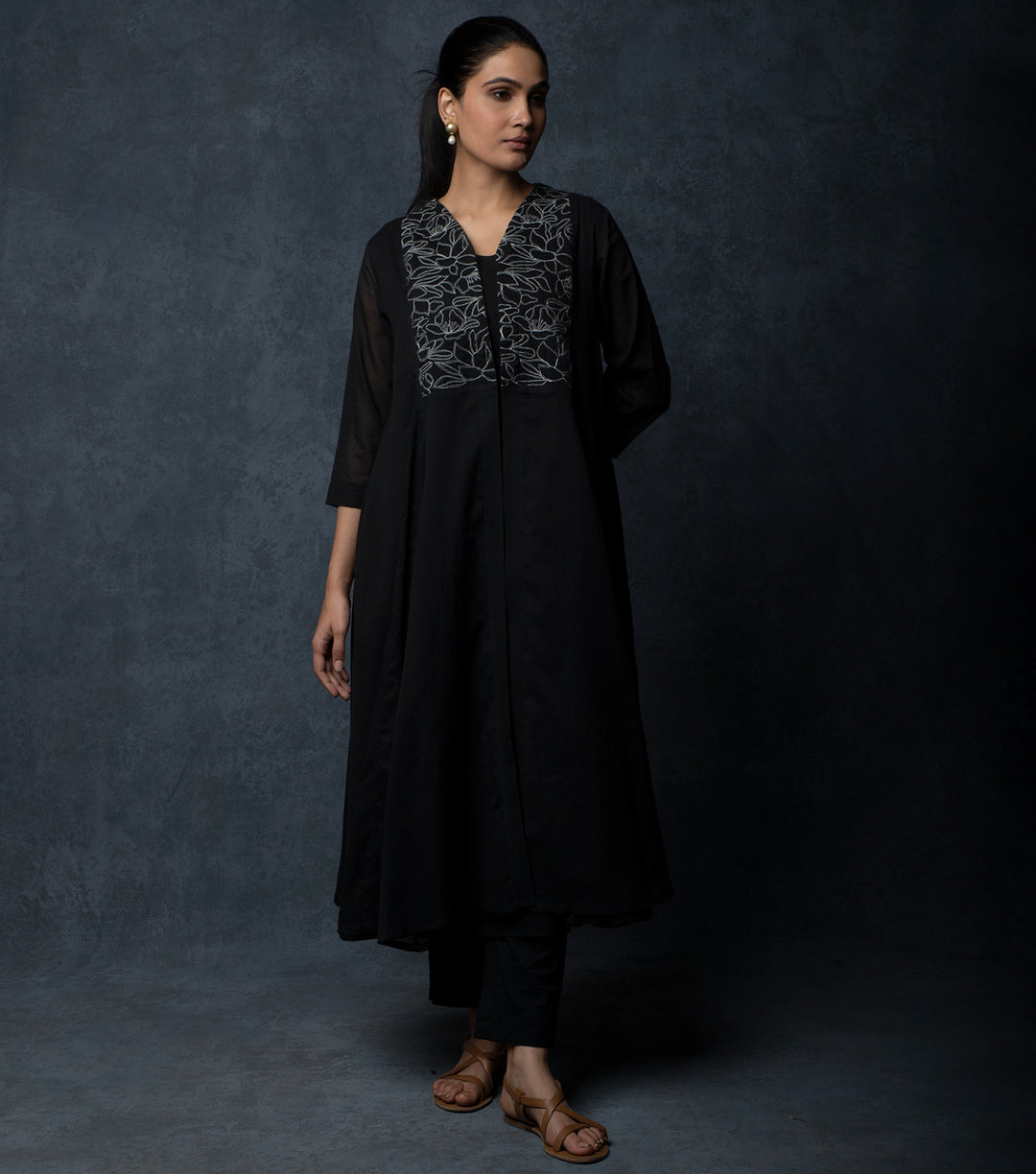 Black Embroidered Cotton Cape