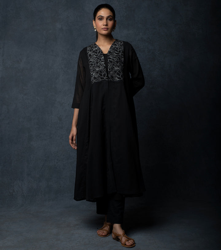 Black Embroidered Cotton Cape