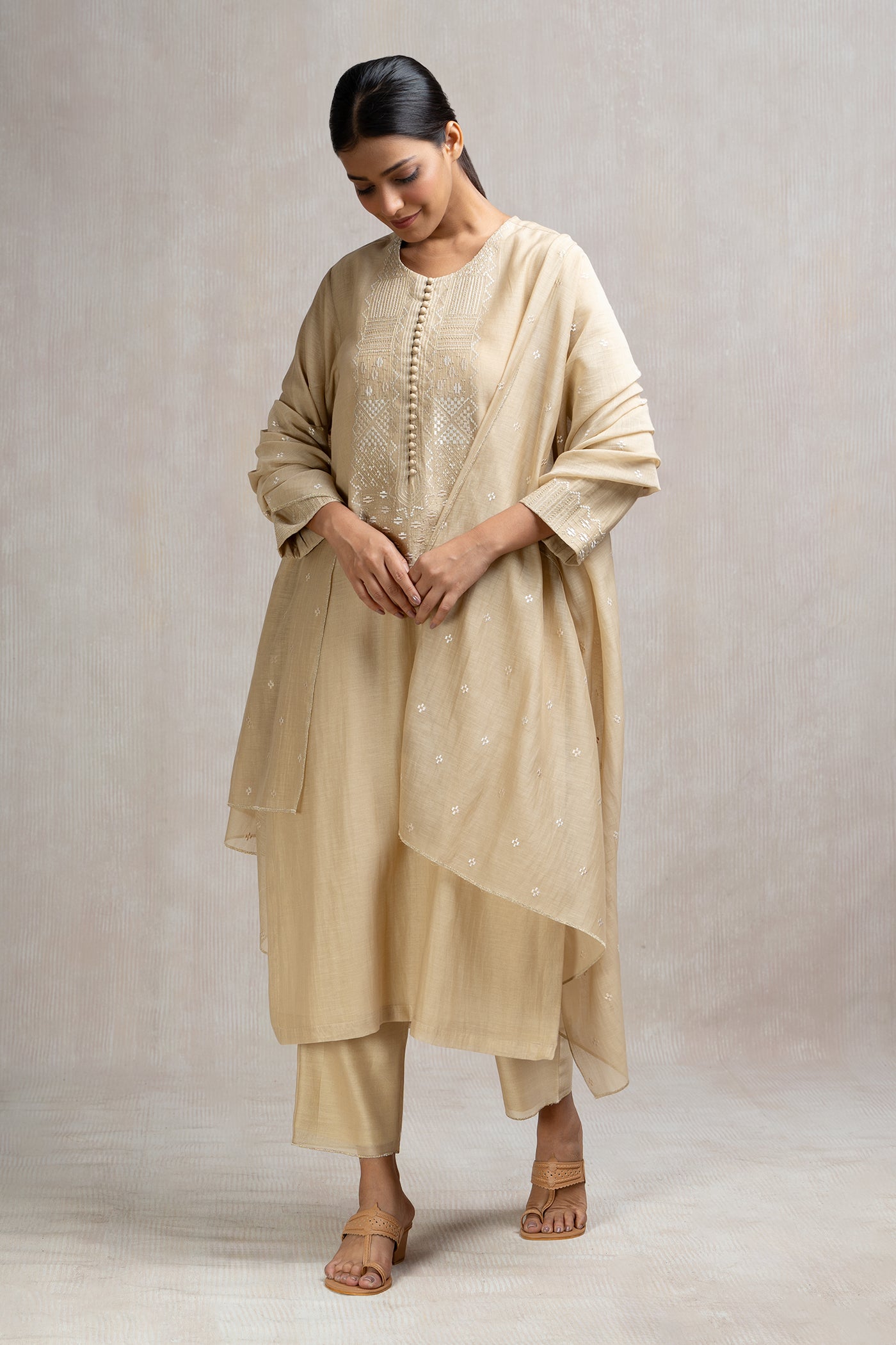 Thread & Zari Embroidered Kurta Set with Pants & Dupatta