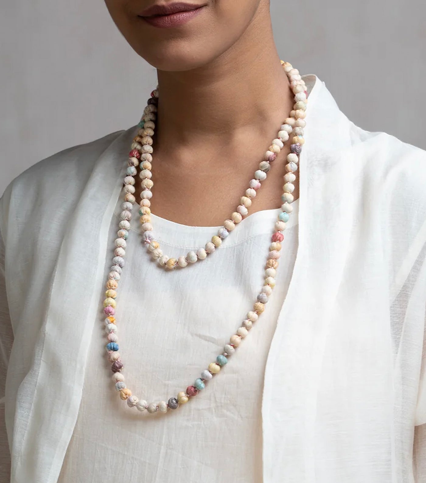 Beige Cotton Beaded Necklace