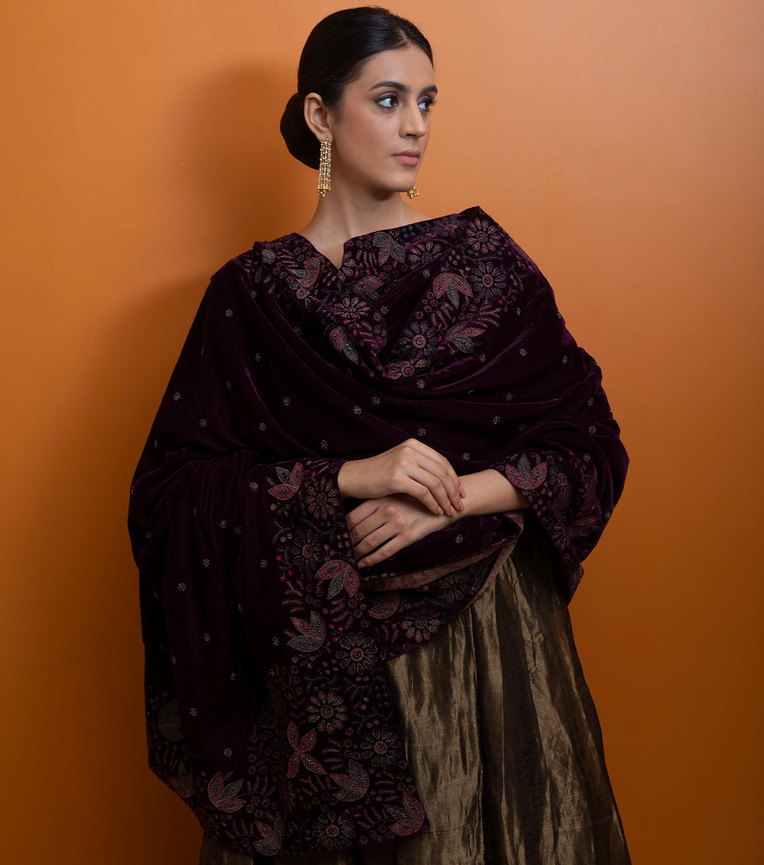 Plum Hand Embroidered Velvet Dupatta