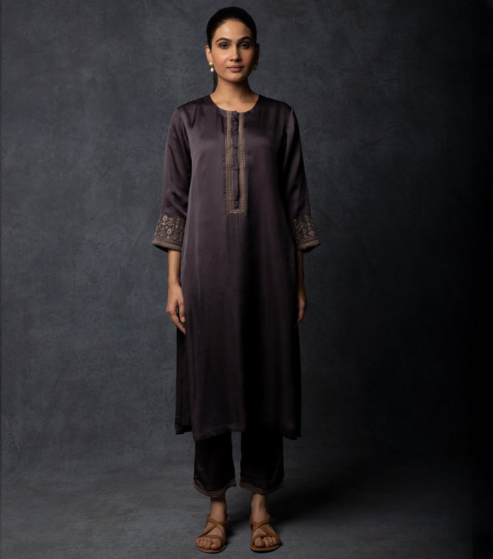 Charcoal Embroidered Silk Suit Set