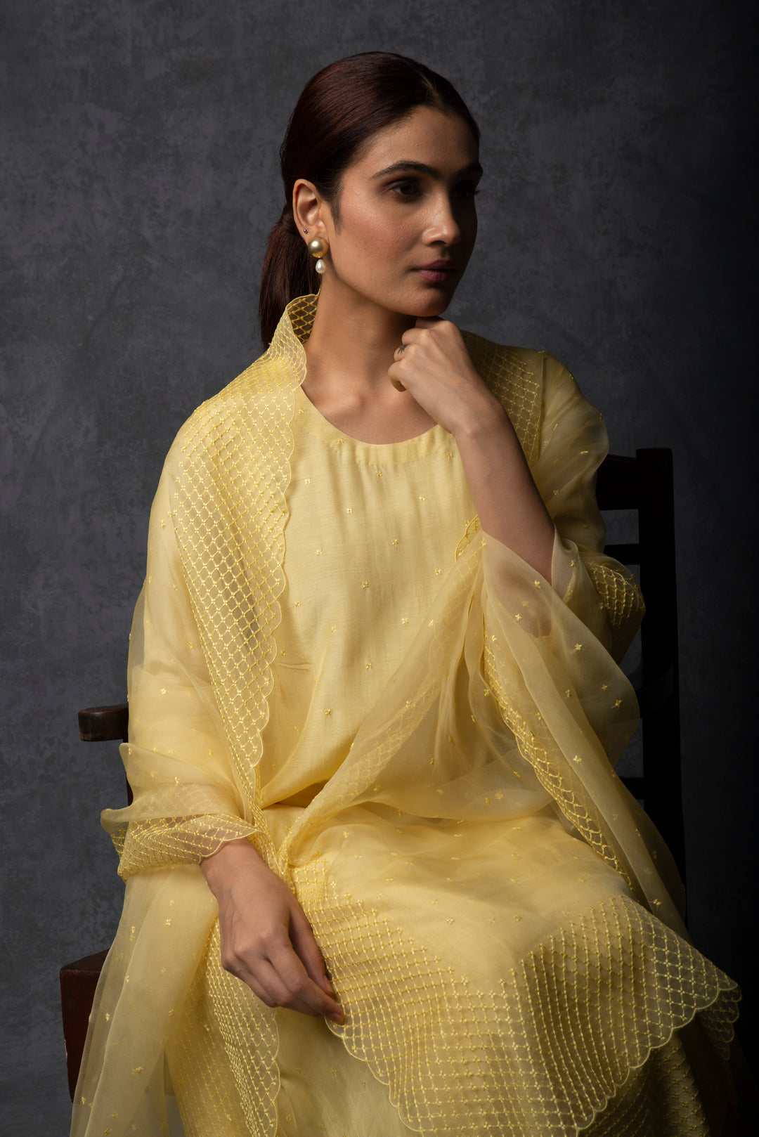 Light Yellow Thread Embroidered Suit Set