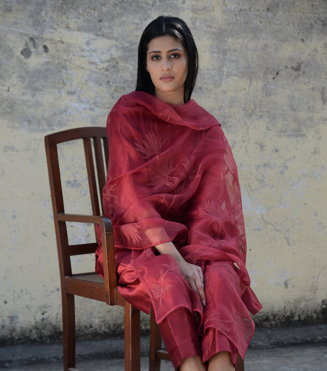 Maroon Silk Kurta Set with Organza Dupatta