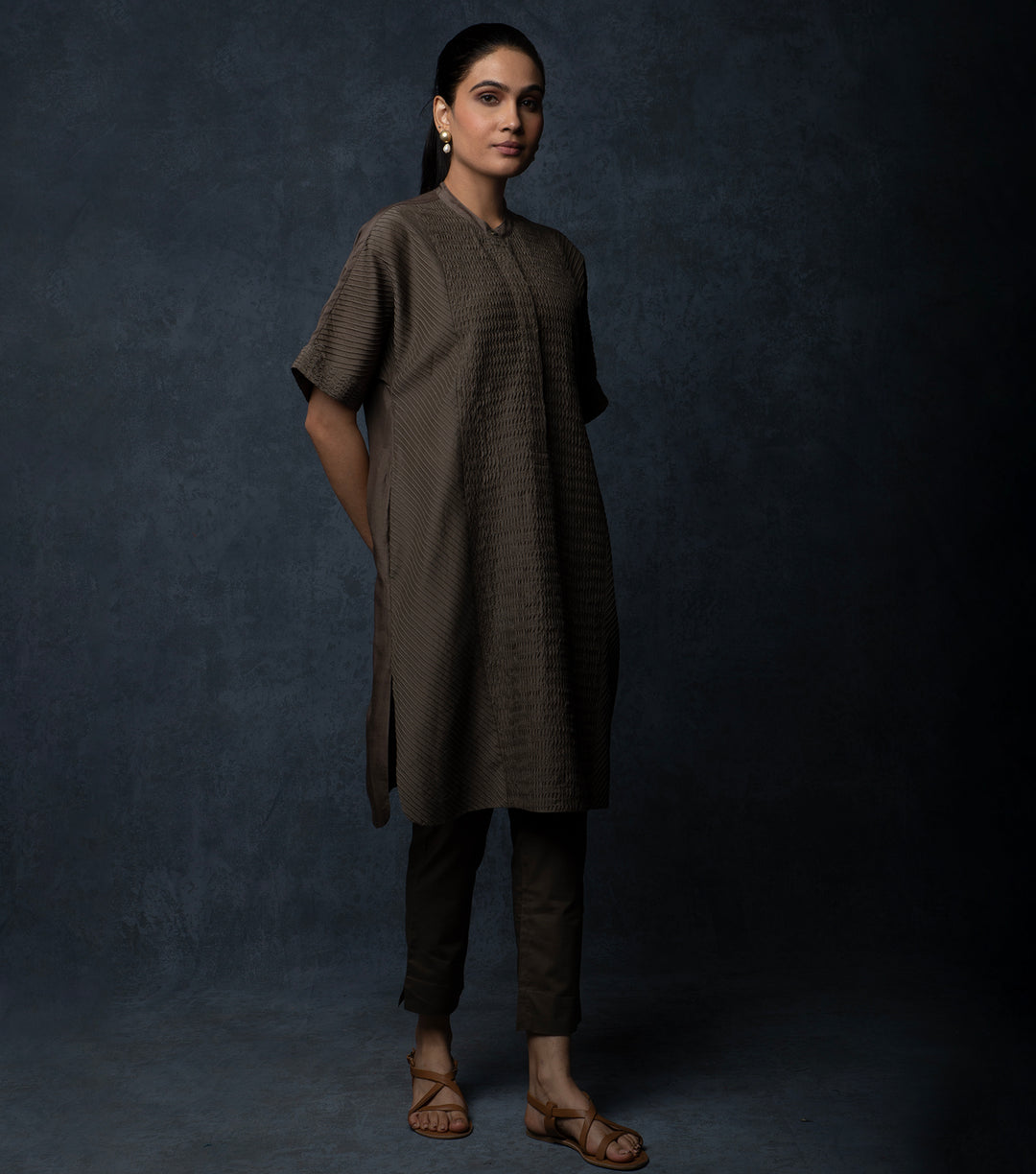 Dark Chocolate Brown Pintuck Cotton Silk Kurta