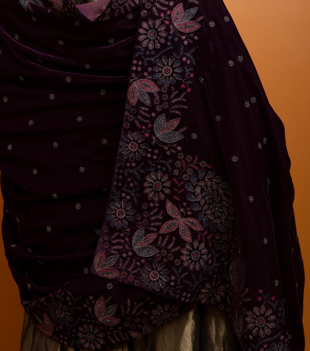 Plum Hand Embroidered Velvet Dupatta