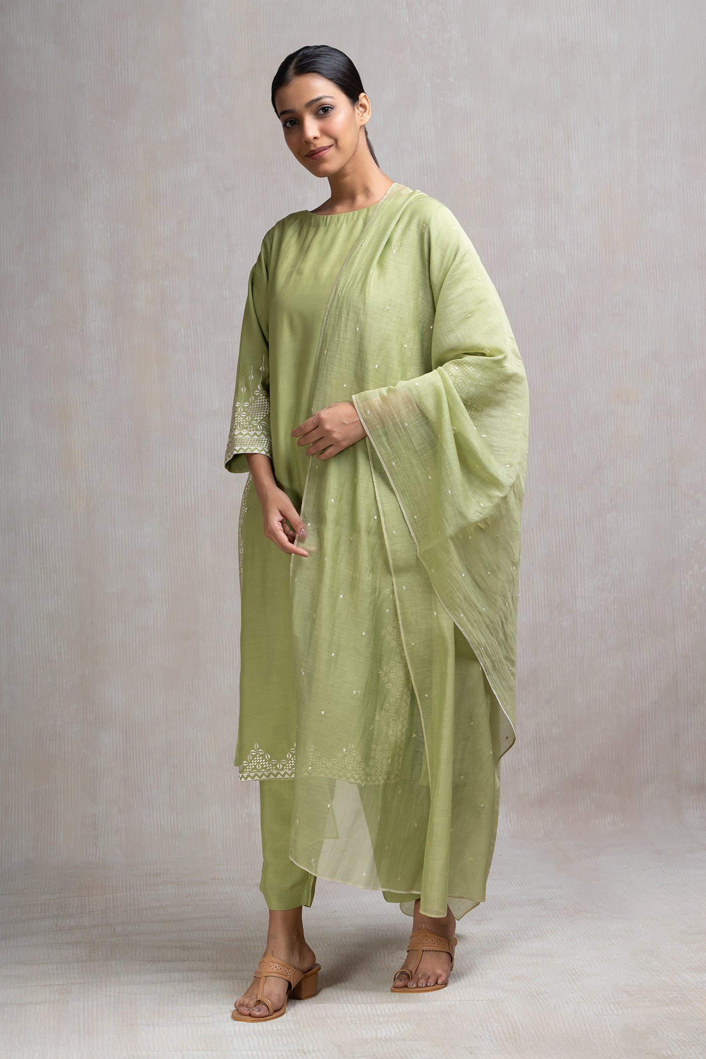 Thread Embroidered Muslin Kurta Set with Pants & Dupatta