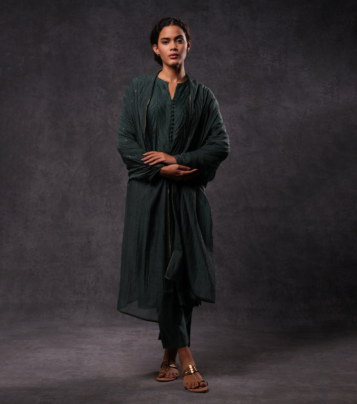 Textured Cotton Silk Forest Green Kurta Set with Gota Dupatta & Pants