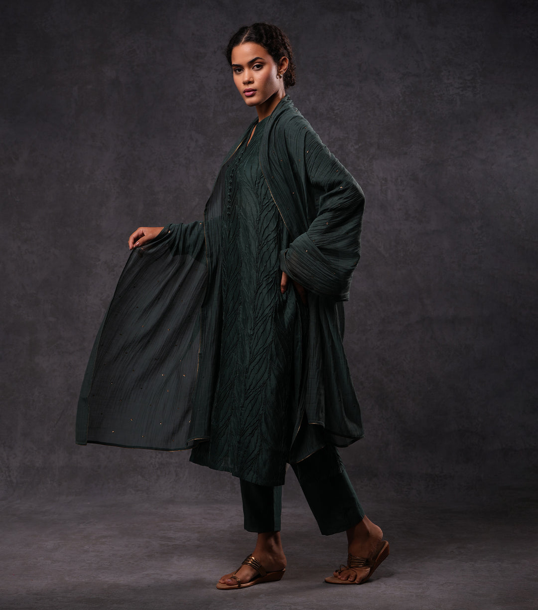 Textured Cotton Silk Forest Green Kurta Set with Gota Dupatta & Pants