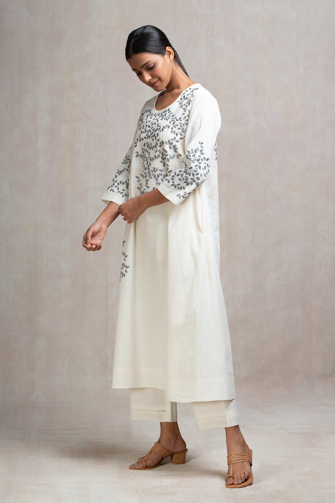 Thread Embroidered Cotton Kurta Set with Pants & Dupatta