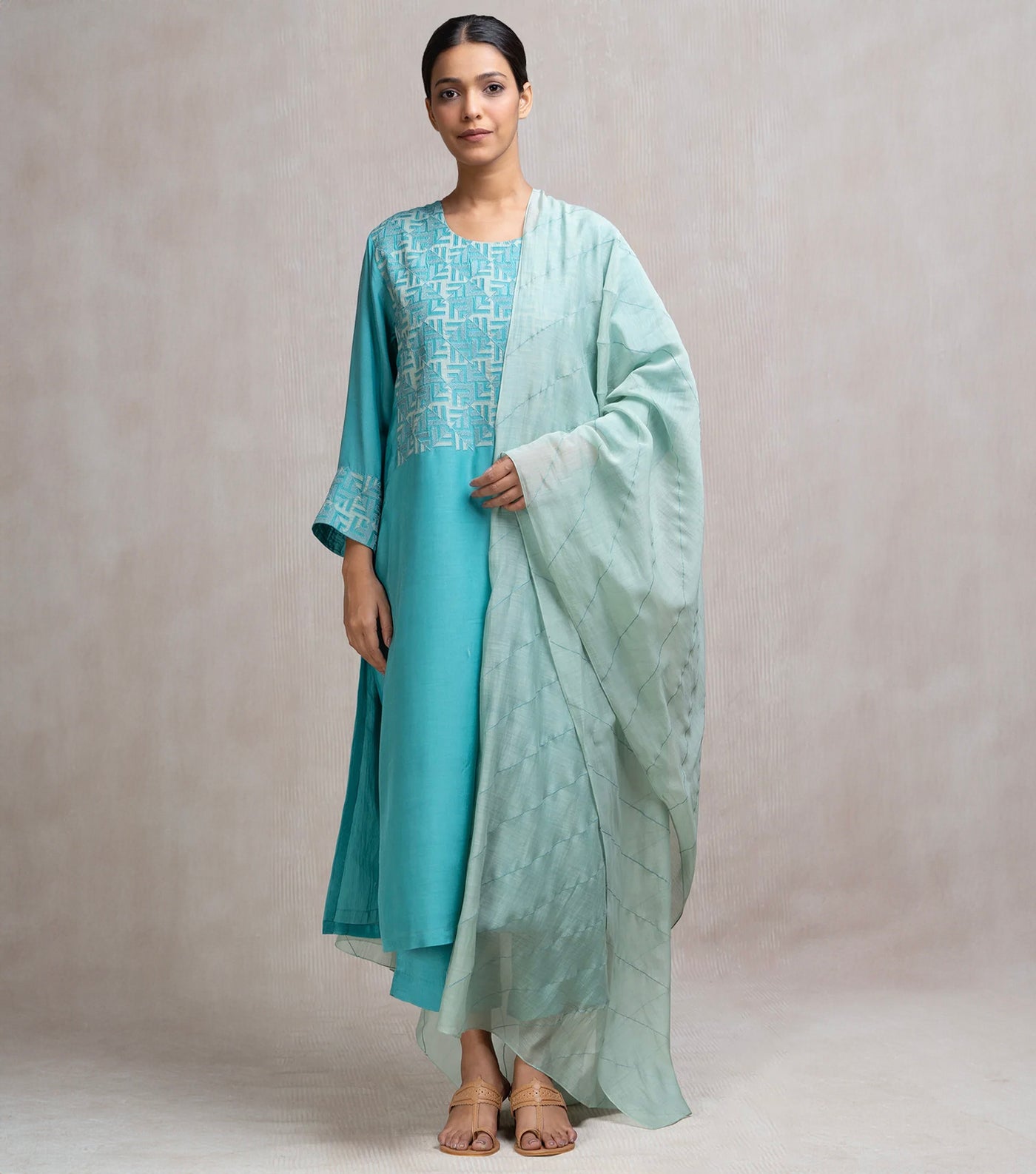 Embroidered Chanderi Kurta Set with Pants & Dupatta