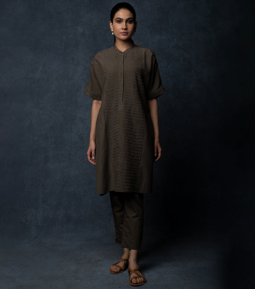 Dark Chocolate Brown Pintuck Cotton Silk Kurta