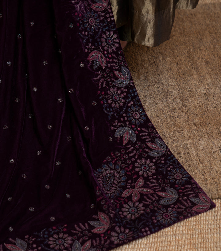 Plum Hand Embroidered Velvet Dupatta