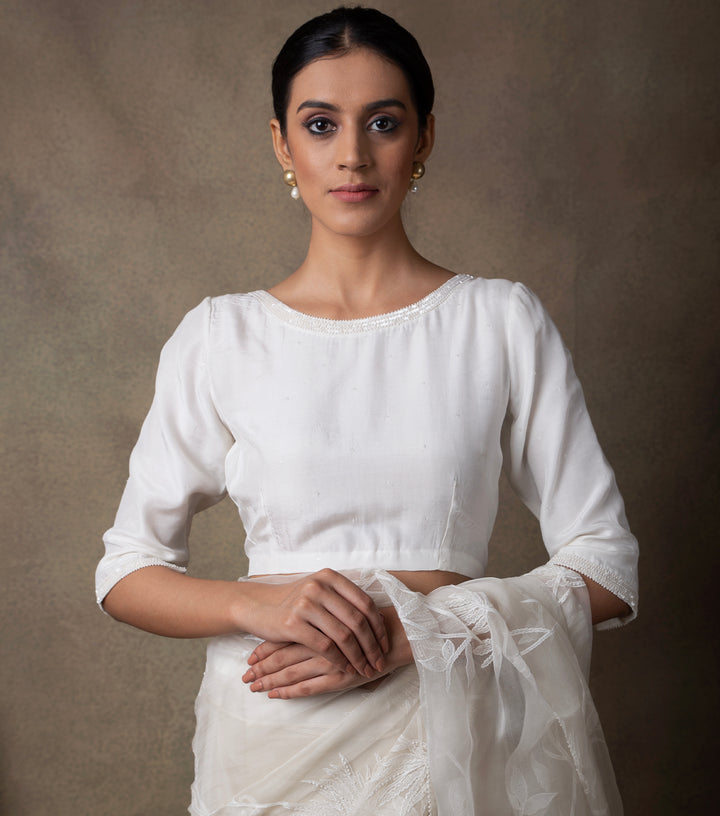 Off White Hand Embroidered Cotton Silk Blouse