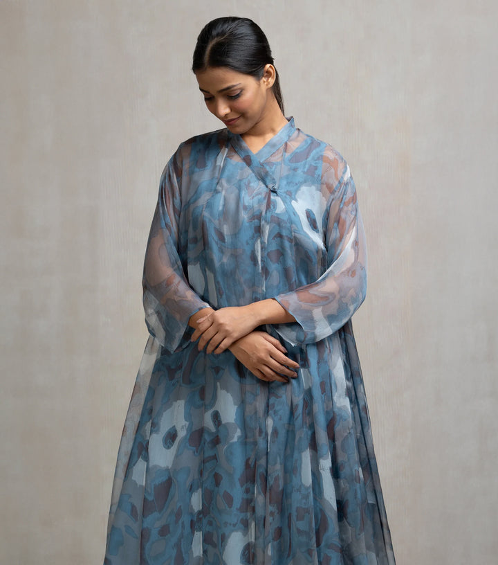 Blue Printed Chiffon Choga