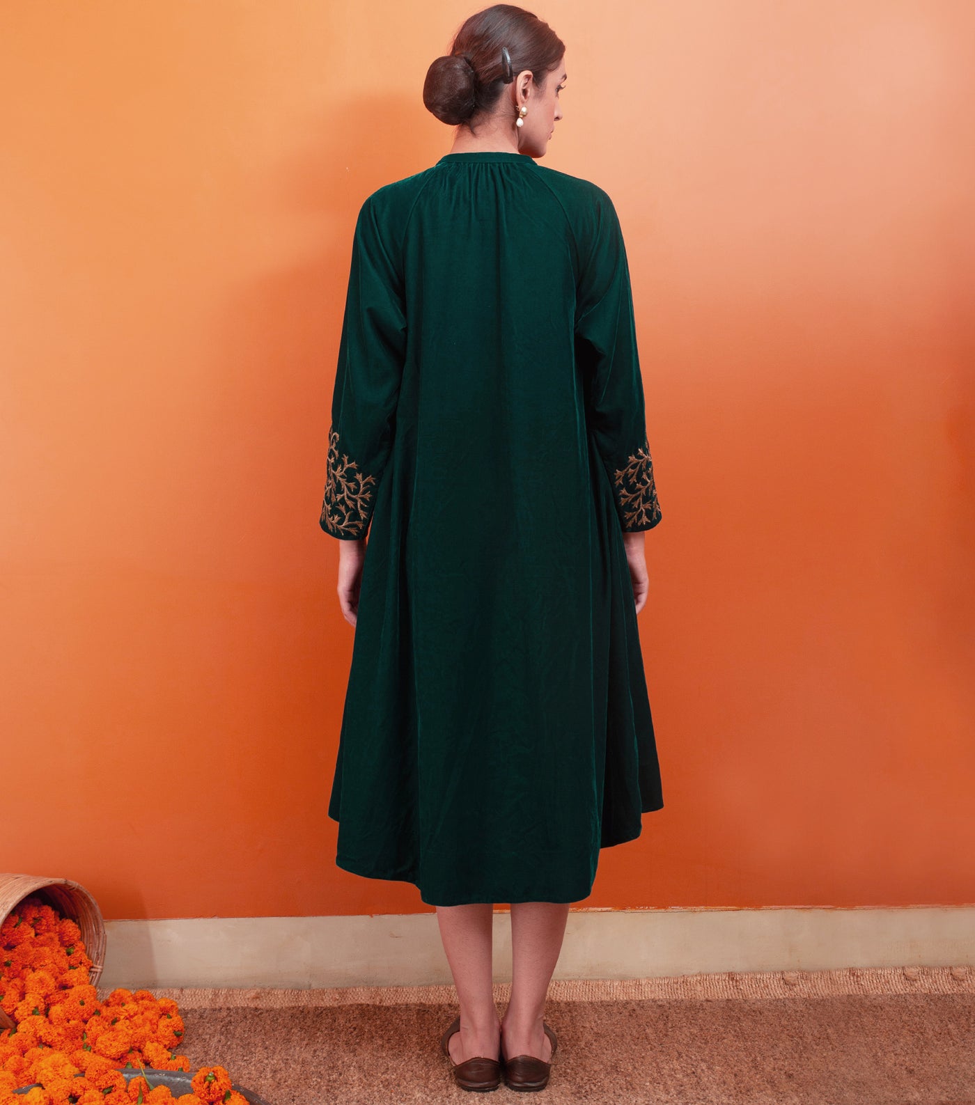 Emerald Green Zari Hand Embroidered Velvet Dress