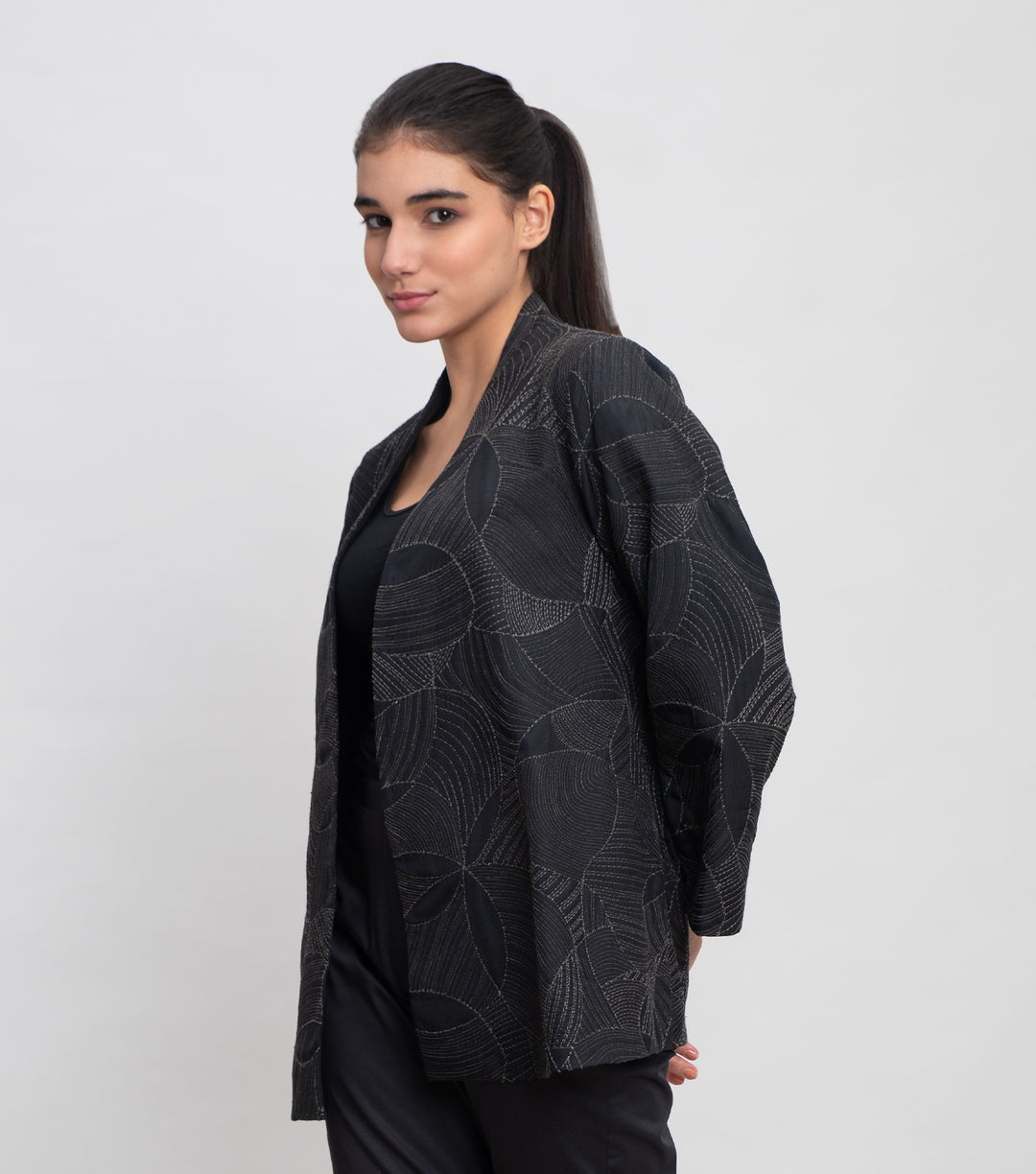 Black Embroidered Quilted Silk Jacket