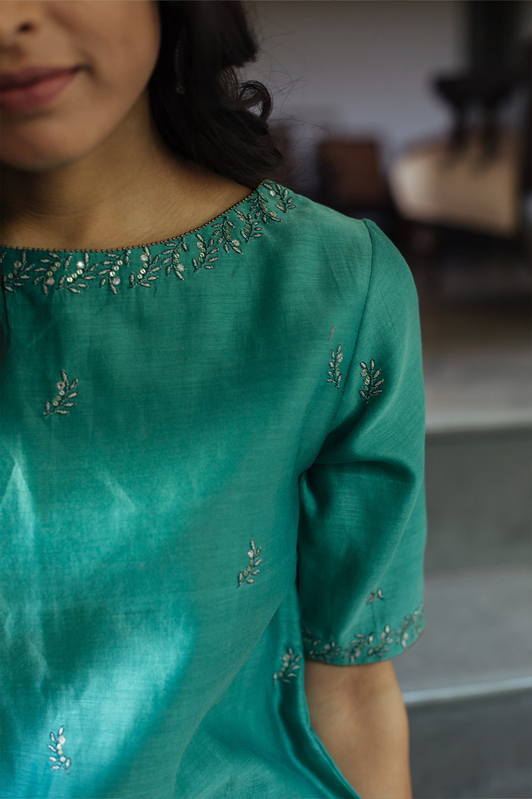 Green chanderi embroidered kurta