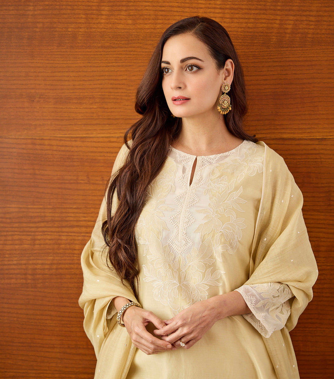 Dia Mirza in Beige Patchwork & Embroidered Chanderi Suit Set