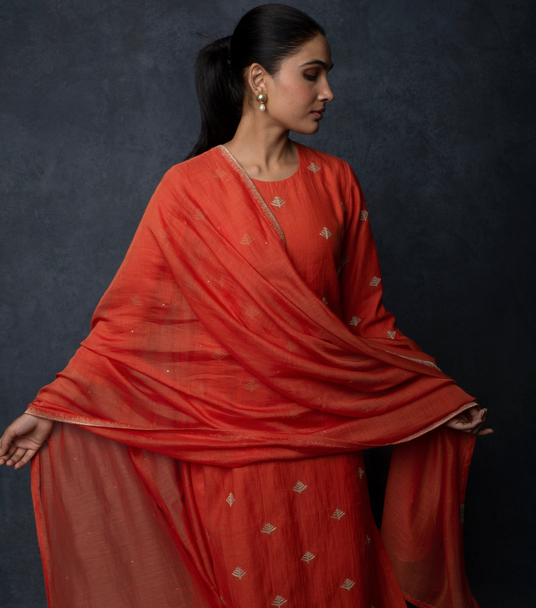 Burnt Orange Embroidered Chanderi Suit Set