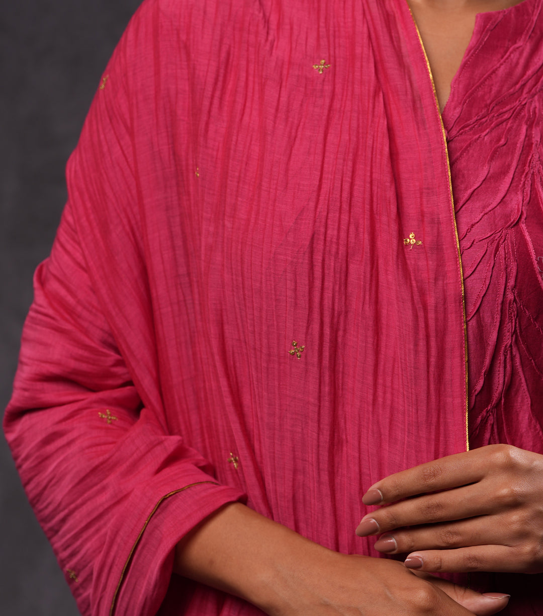 Textured Cotton Silk Pink Kurta with Gota Dupatta & Pants