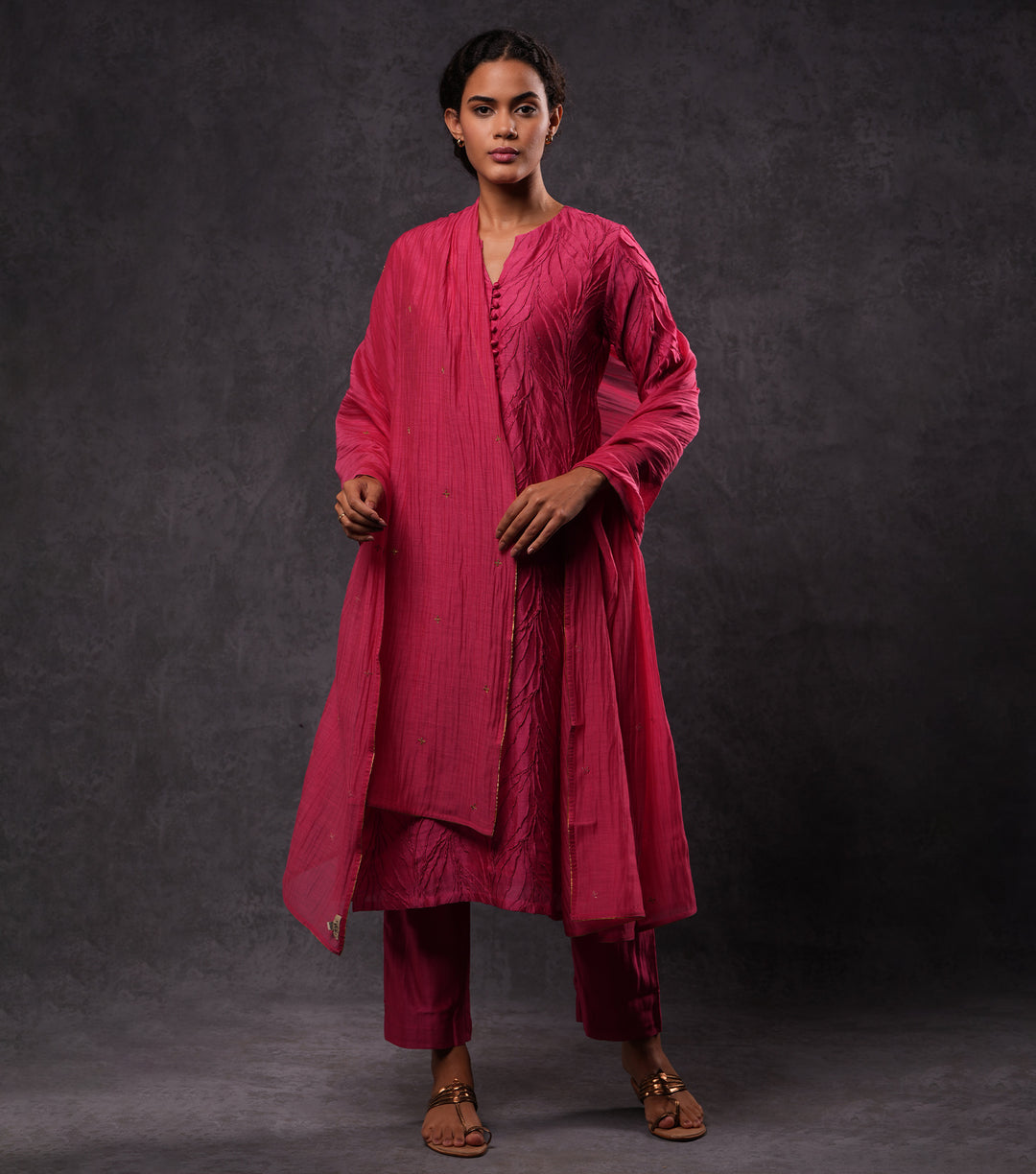 Textured Cotton Silk Pink Kurta with Gota Dupatta & Pants